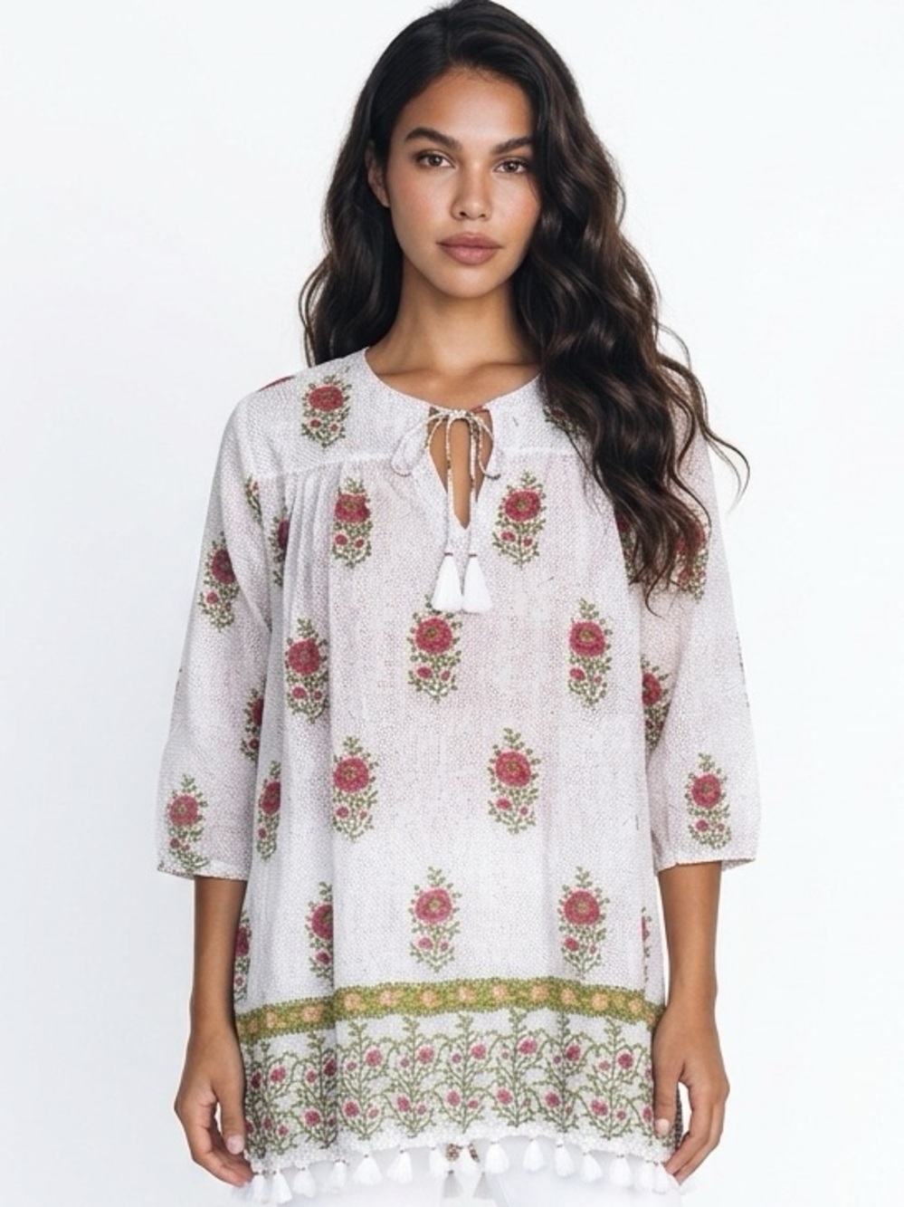 ROLLER RABBIT | Boho Floral Tie-Neck Tunic Top Rose Print Women’s Size X-Small